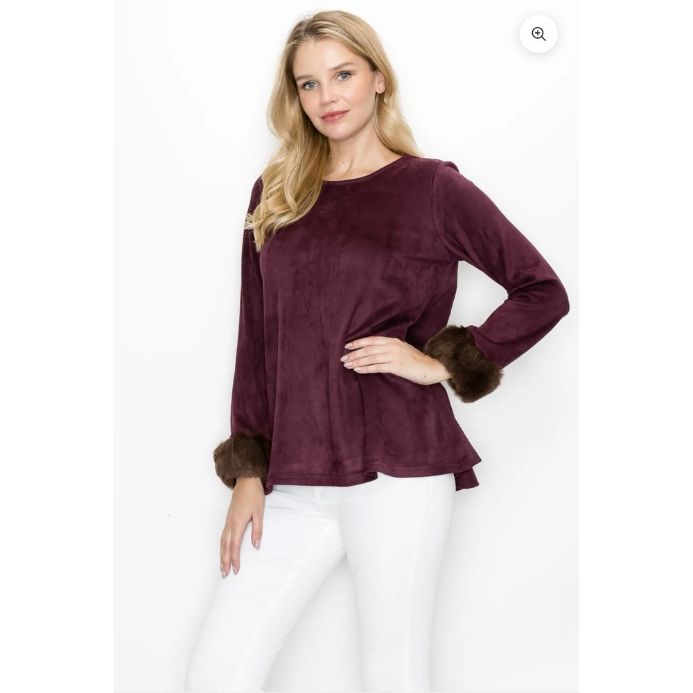 Joh Stretch suede top Purple with black/gray faux-fur cuffs Women's Small NWT - Picture 4 of 5